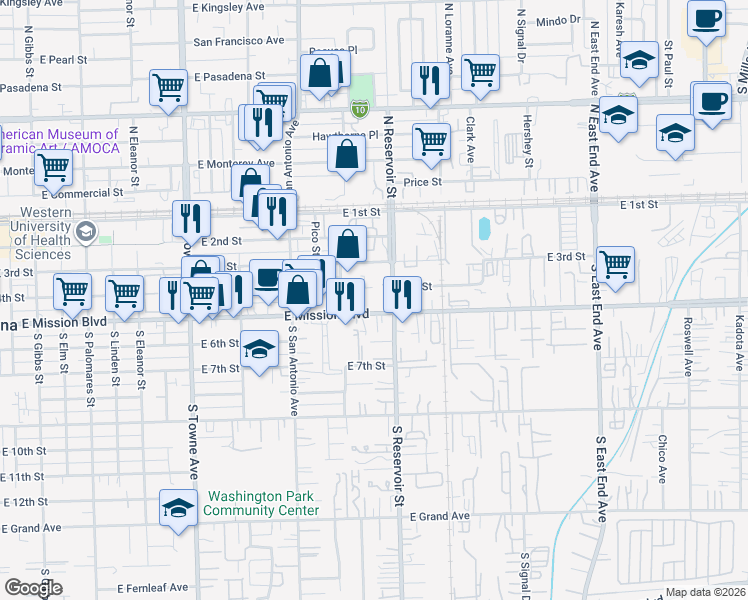 map of restaurants, bars, coffee shops, grocery stores, and more near 1163 East Mission Boulevard in Pomona