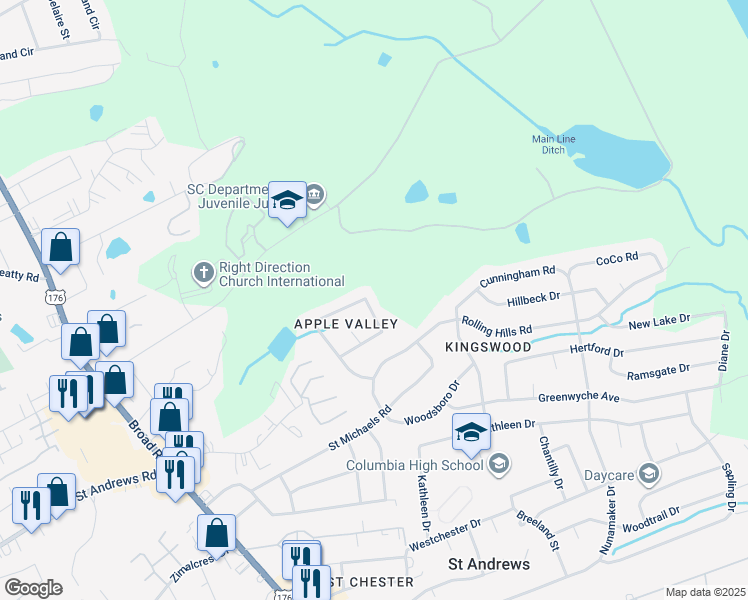 map of restaurants, bars, coffee shops, grocery stores, and more near 2205 Apple Valley Road in Columbia