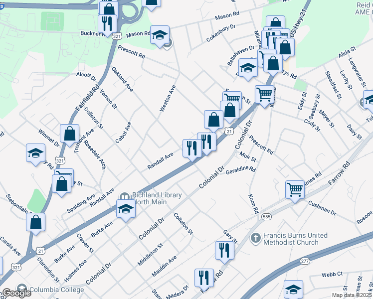 map of restaurants, bars, coffee shops, grocery stores, and more near 1108 Oakland Avenue in Columbia