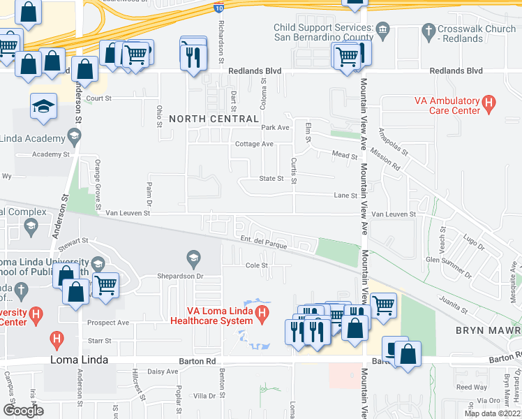 map of restaurants, bars, coffee shops, grocery stores, and more near 25388 Van Leuven Street in Loma Linda