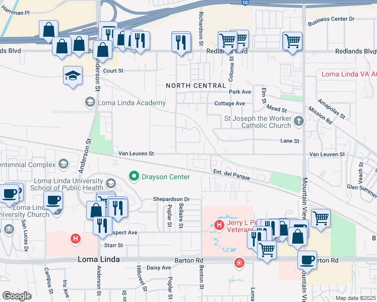 map of restaurants, bars, coffee shops, grocery stores, and more near 25248 Van Leuven Street in Loma Linda
