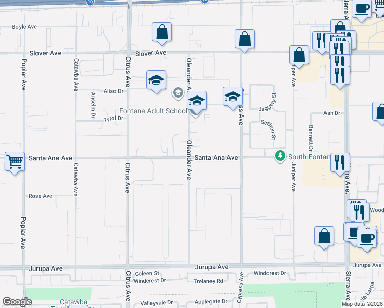 map of restaurants, bars, coffee shops, grocery stores, and more near in Fontana