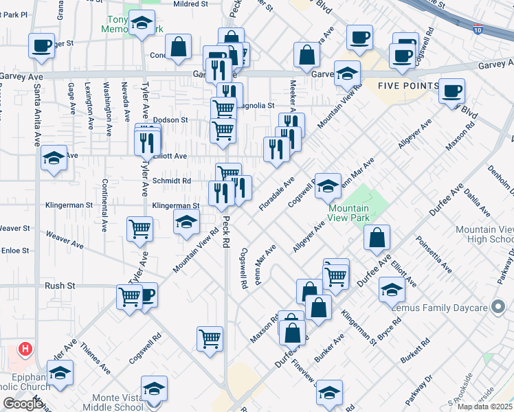 map of restaurants, bars, coffee shops, grocery stores, and more near 2416 Mountain View Road in El Monte