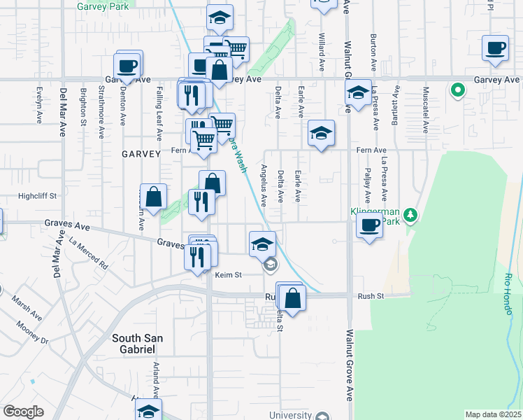 map of restaurants, bars, coffee shops, grocery stores, and more near 2417 Angelus Avenue in Rosemead