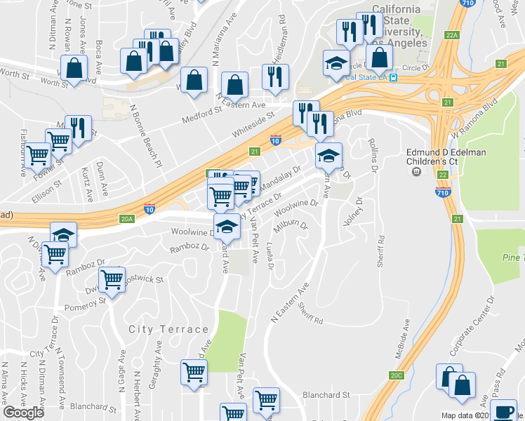 map of restaurants, bars, coffee shops, grocery stores, and more near 4146 City Terrace Drive in Los Angeles