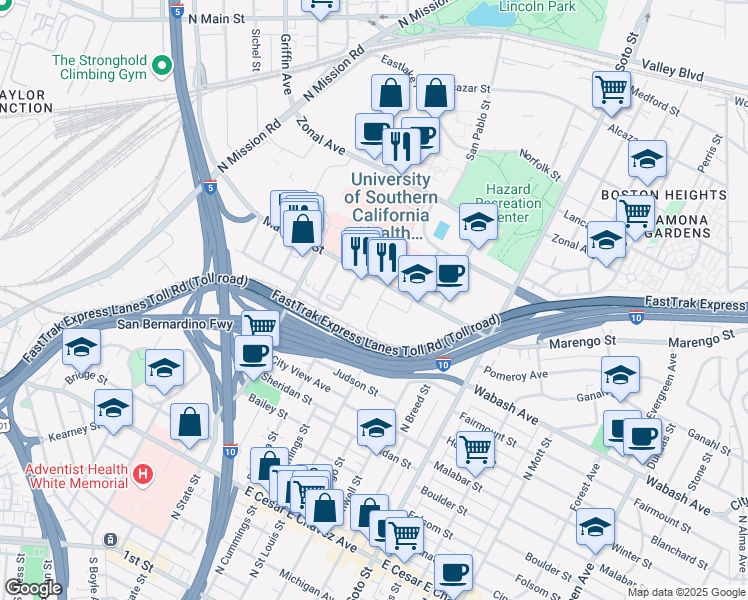 map of restaurants, bars, coffee shops, grocery stores, and more near 1041 1/2 North Cummings Street in Los Angeles