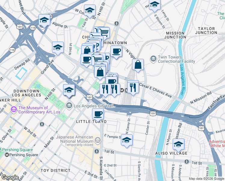 map of restaurants, bars, coffee shops, grocery stores, and more near 800 North Alameda Street in Los Angeles