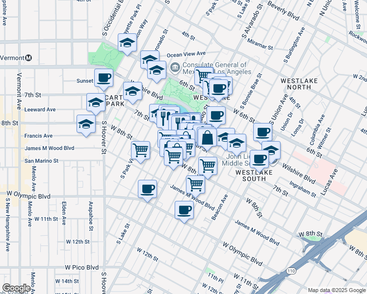 map of restaurants, bars, coffee shops, grocery stores, and more near 730 South Lake Street in Los Angeles