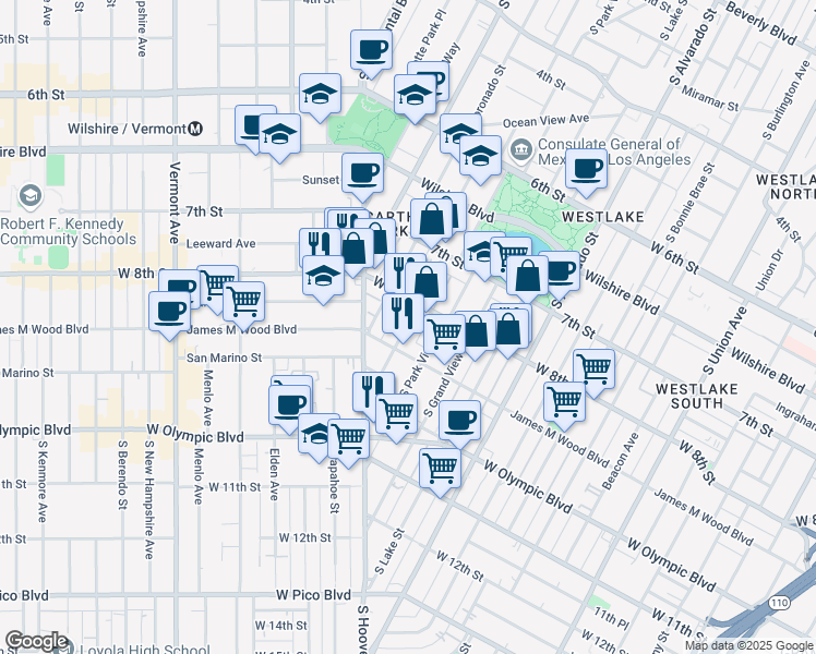 map of restaurants, bars, coffee shops, grocery stores, and more near 826 South Carondelet Street in Los Angeles