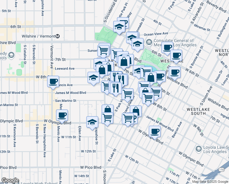 map of restaurants, bars, coffee shops, grocery stores, and more near 826 South Carondelet Street in Los Angeles
