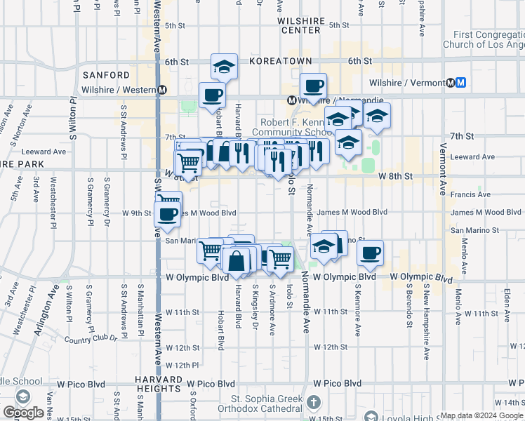 map of restaurants, bars, coffee shops, grocery stores, and more near 869 South Ardmore Avenue in Los Angeles