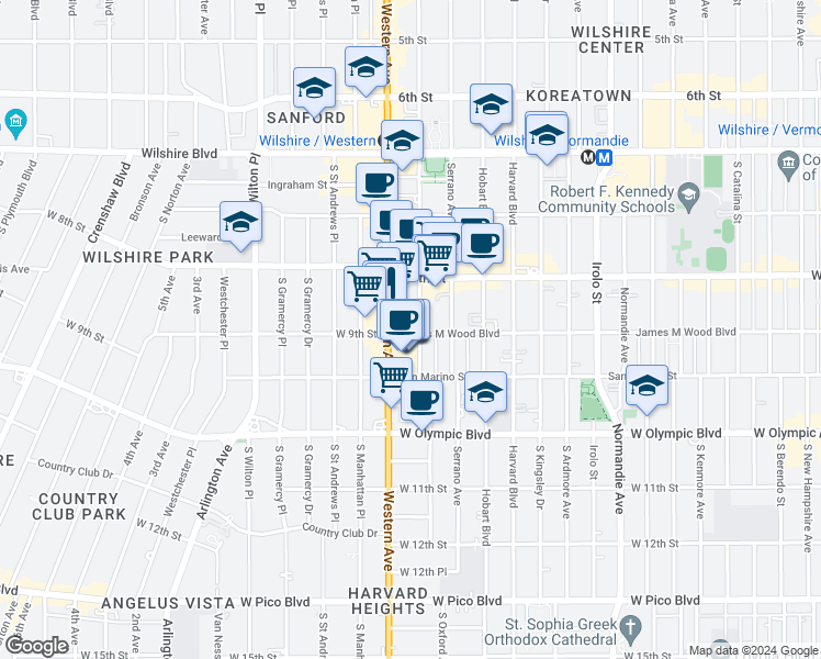 map of restaurants, bars, coffee shops, grocery stores, and more near 855 South Oxford Avenue in Los Angeles