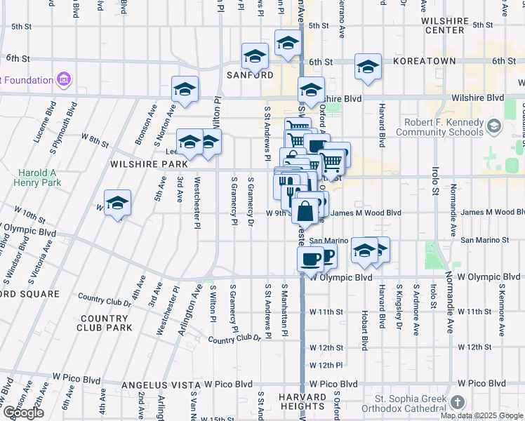 map of restaurants, bars, coffee shops, grocery stores, and more near 864 South Saint Andrews Place in Los Angeles