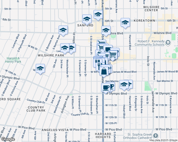 map of restaurants, bars, coffee shops, grocery stores, and more near 864 South Saint Andrews Place in Los Angeles