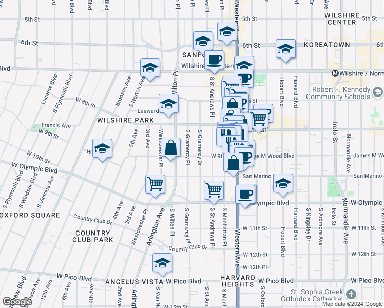 map of restaurants, bars, coffee shops, grocery stores, and more near 871 South Gramercy Drive in Los Angeles