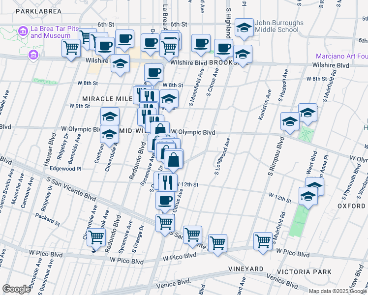 map of restaurants, bars, coffee shops, grocery stores, and more near 1038 South Mansfield Avenue in Los Angeles