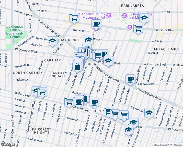 map of restaurants, bars, coffee shops, grocery stores, and more near 1058 South Ogden Drive in Los Angeles