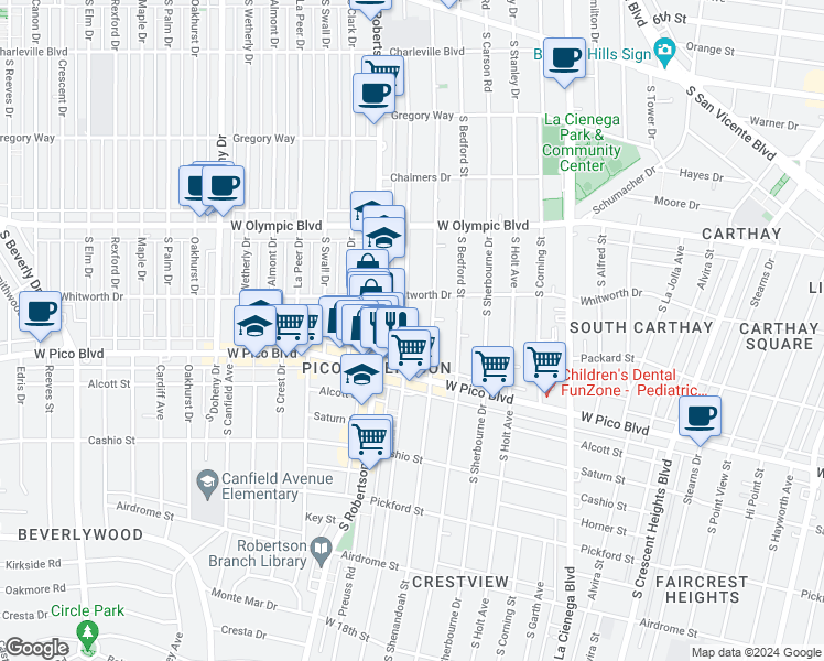 map of restaurants, bars, coffee shops, grocery stores, and more near 1137 South Wooster Street in Los Angeles