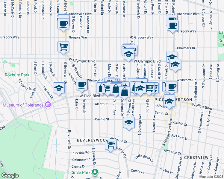 map of restaurants, bars, coffee shops, grocery stores, and more near 1141 Cardiff Avenue in Los Angeles