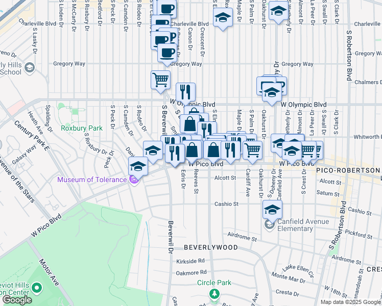 map of restaurants, bars, coffee shops, grocery stores, and more near 1167 South Beverly Drive in Los Angeles