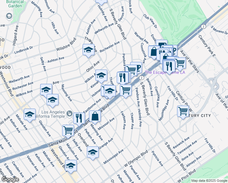 map of restaurants, bars, coffee shops, grocery stores, and more near 10514 Eastborne Avenue in Los Angeles