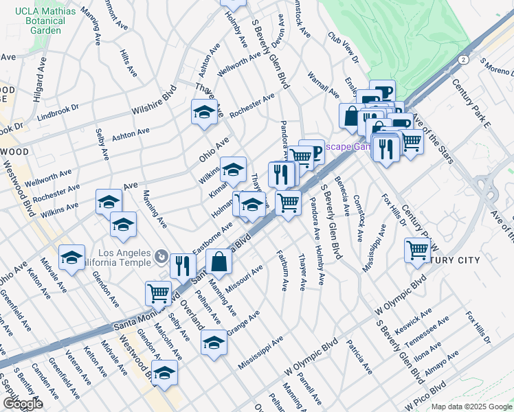 map of restaurants, bars, coffee shops, grocery stores, and more near 10514 Eastborne Avenue in Los Angeles