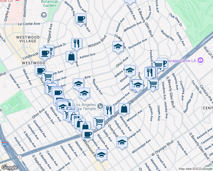 map of restaurants, bars, coffee shops, grocery stores, and more near 10633 Kinnard Avenue in Los Angeles