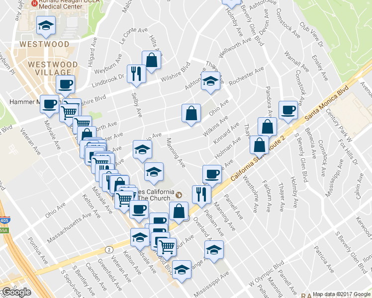map of restaurants, bars, coffee shops, grocery stores, and more near 1568 Manning Avenue in Los Angeles