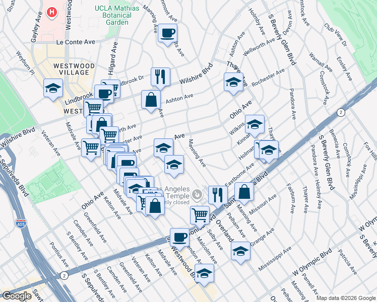 map of restaurants, bars, coffee shops, grocery stores, and more near 10748 Wilkins Avenue in Los Angeles