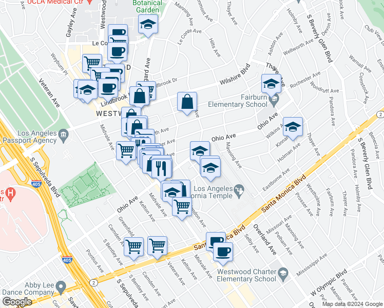 map of restaurants, bars, coffee shops, grocery stores, and more near in Los Angeles