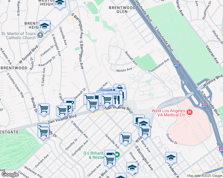 map of restaurants, bars, coffee shops, grocery stores, and more near 11601 Gorham Avenue in Los Angeles