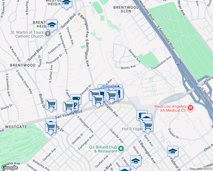 map of restaurants, bars, coffee shops, grocery stores, and more near 11642 Montana Avenue in Los Angeles