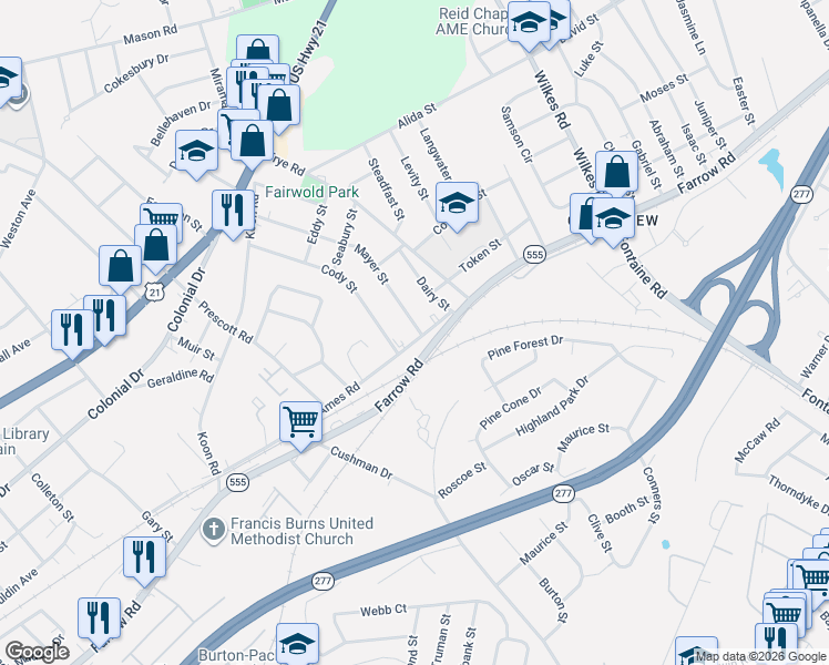 map of restaurants, bars, coffee shops, grocery stores, and more near 5871 Ames Road in Columbia