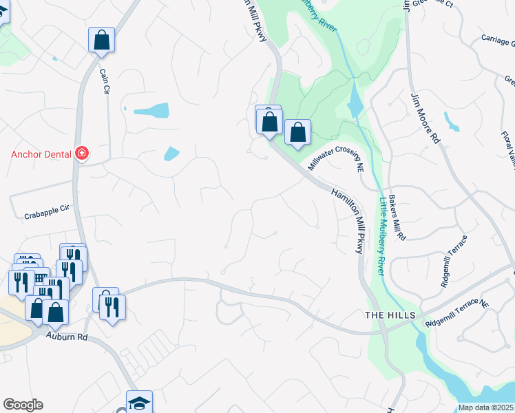 map of restaurants, bars, coffee shops, grocery stores, and more near 2485 Millwater Crossing Northeast in Dacula