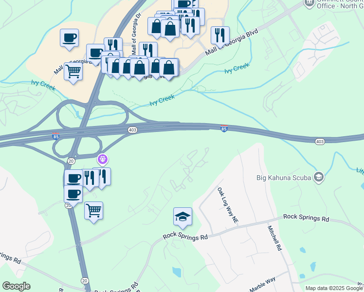 map of restaurants, bars, coffee shops, grocery stores, and more near 1525 Laurel Crossing Parkway Northeast in Buford