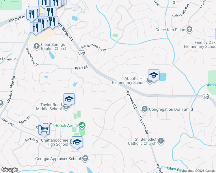 map of restaurants, bars, coffee shops, grocery stores, and more near 6355 Murets Road in Alpharetta