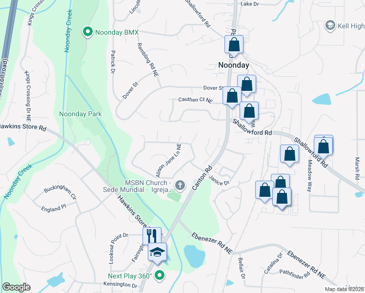 map of restaurants, bars, coffee shops, grocery stores, and more near 764 Scarlett Drive Northeast in Kennesaw