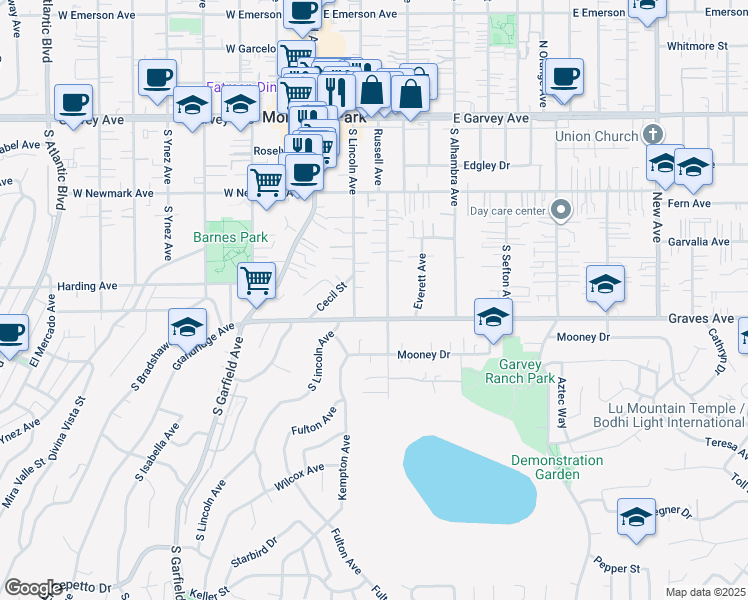 map of restaurants, bars, coffee shops, grocery stores, and more near 521 Russell Avenue in Monterey Park