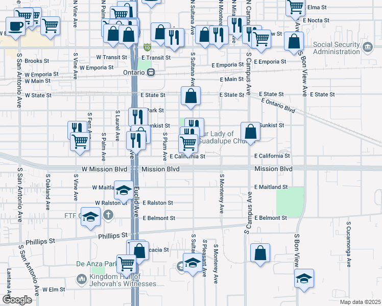 map of restaurants, bars, coffee shops, grocery stores, and more near 728 South Sultana Avenue in Ontario