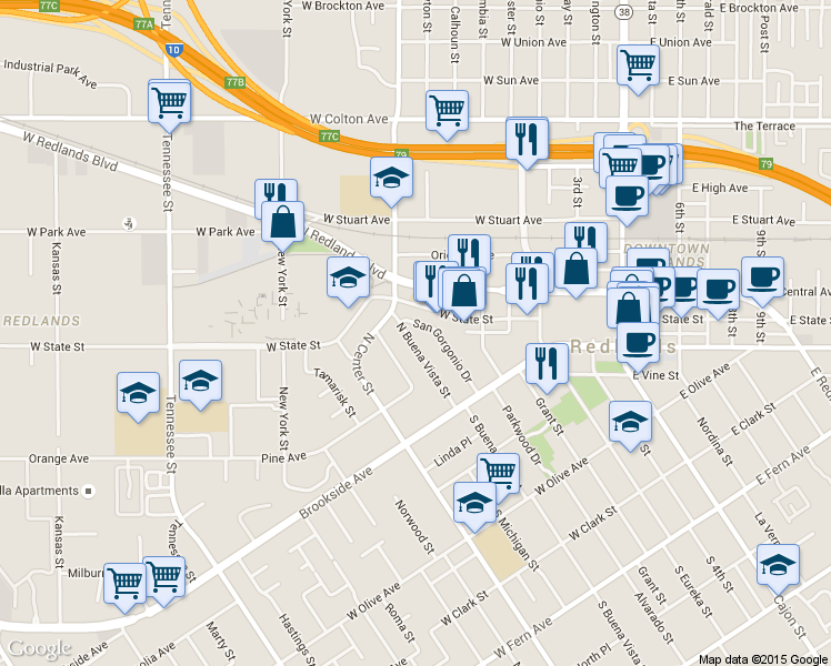 map of restaurants, bars, coffee shops, grocery stores, and more near 66 North Buena Vista Street in Redlands