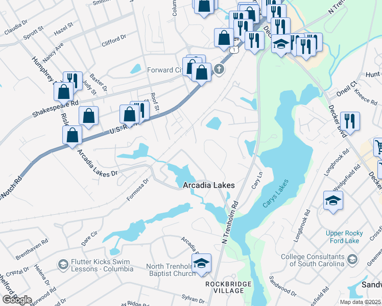 map of restaurants, bars, coffee shops, grocery stores, and more near 6612 Arcadia Woods Rd in Columbia
