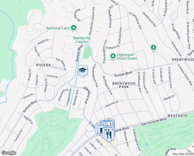 map of restaurants, bars, coffee shops, grocery stores, and more near 154 South Rockingham Avenue in Los Angeles