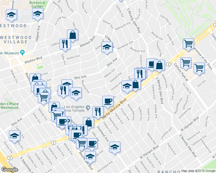 map of restaurants, bars, coffee shops, grocery stores, and more near 10598 Kinnard Avenue in Los Angeles