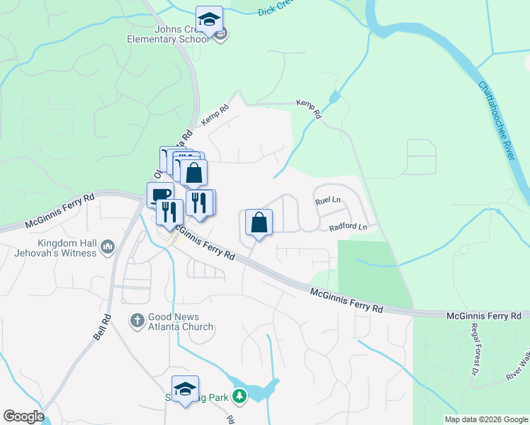map of restaurants, bars, coffee shops, grocery stores, and more near 8245 Norwich Place in Suwanee