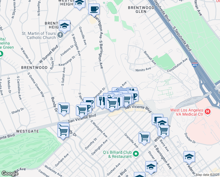 map of restaurants, bars, coffee shops, grocery stores, and more near 708 South Barrington Avenue in Los Angeles