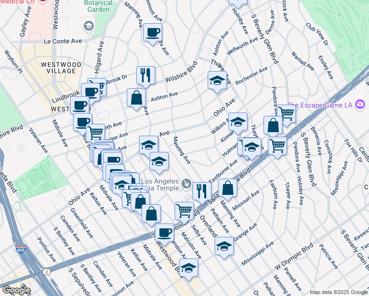 map of restaurants, bars, coffee shops, grocery stores, and more near 1568 Manning Avenue in Los Angeles