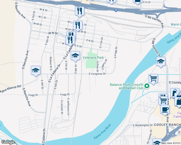 map of restaurants, bars, coffee shops, grocery stores, and more near 293 East Congress Street in Colton