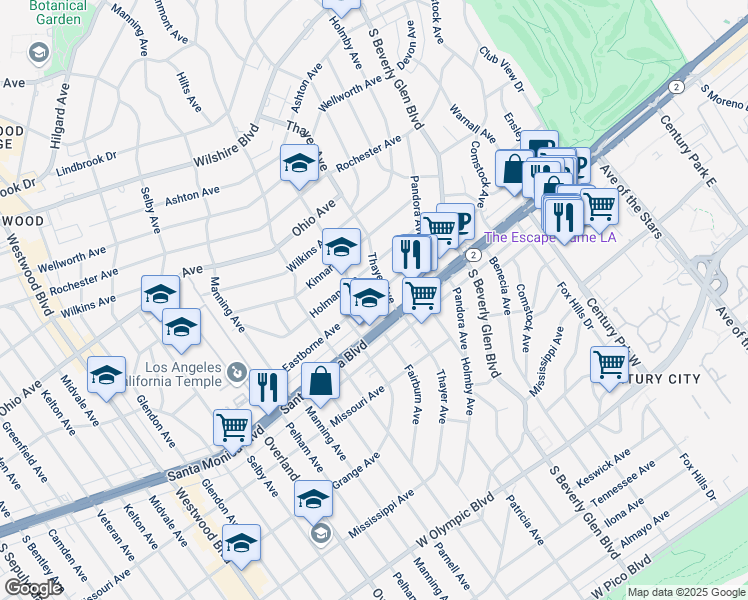 map of restaurants, bars, coffee shops, grocery stores, and more near 10514 Eastborne Avenue in Los Angeles
