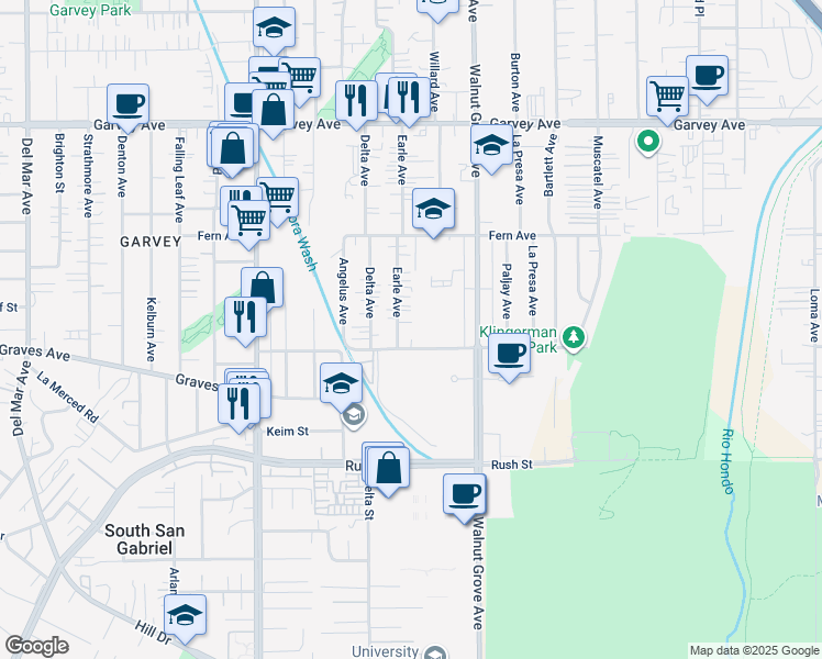 map of restaurants, bars, coffee shops, grocery stores, and more near 2416 Earle Avenue in Rosemead