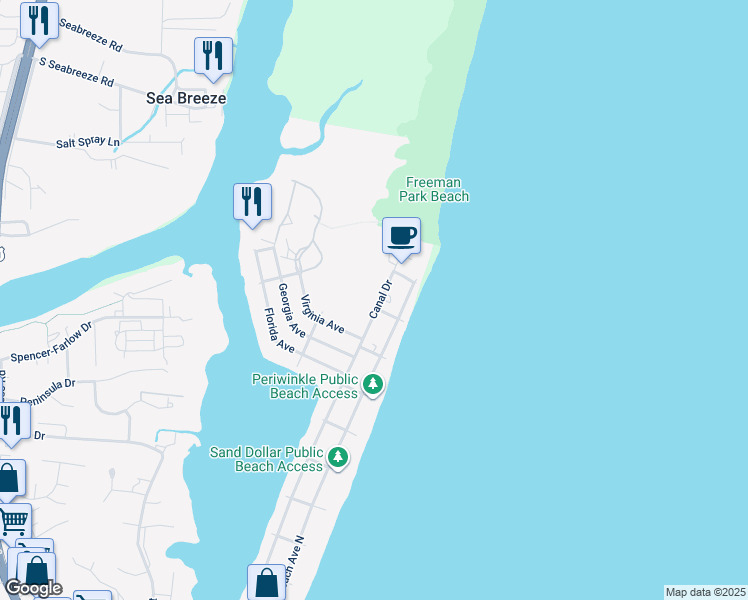 map of restaurants, bars, coffee shops, grocery stores, and more near 1703 Canal Drive in Carolina Beach